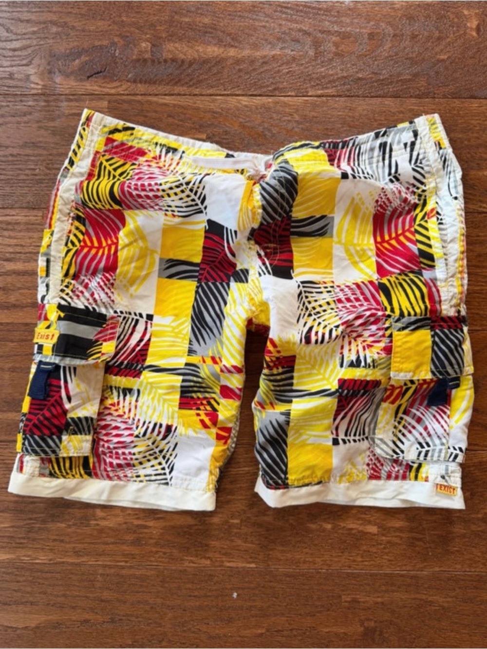 Vintage Men's Yellow, Red & Black Checked Swim Shorts